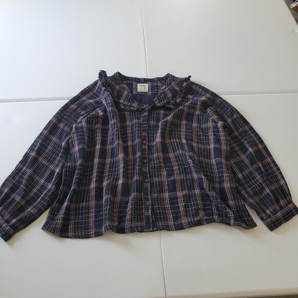 FatFace Shirt Womens 2XL Navy Blue Plaid Long Sleeve Button Front Whimsigoth - Picture 1 of 8